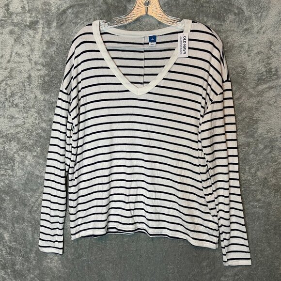 Old Navy Women Nautical Preppy Oversized Cozy Knit Navy Blue Striped Shirt S - Picture 1 of 13